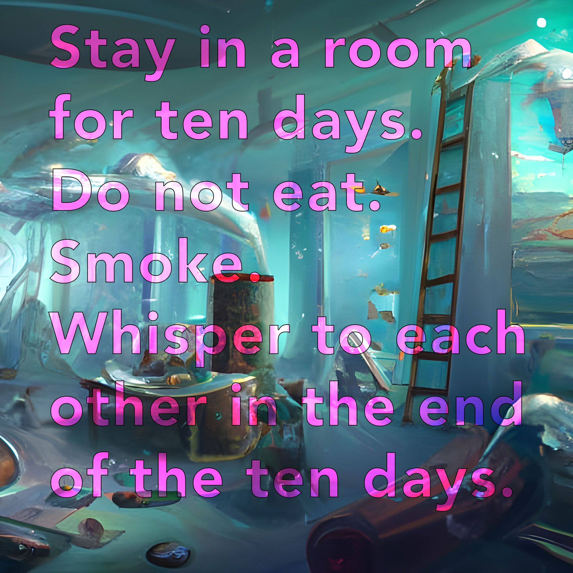 An image generated using artificial intelligence. It combines the prompt text (Yoko Ono's instruction) with the generated image. This image has an aqua colored room with pink text in front. 